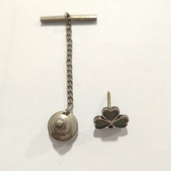 Shamrock Tie Tack 925 Sterling Silver With Green Enamel Vintage Irish Clover - Picture 7 of 11